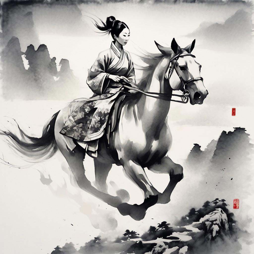 A Chinese woman riding a royal horse from the palace.she is on top of a high hill,  Chinese sumi ink art style,  black and...