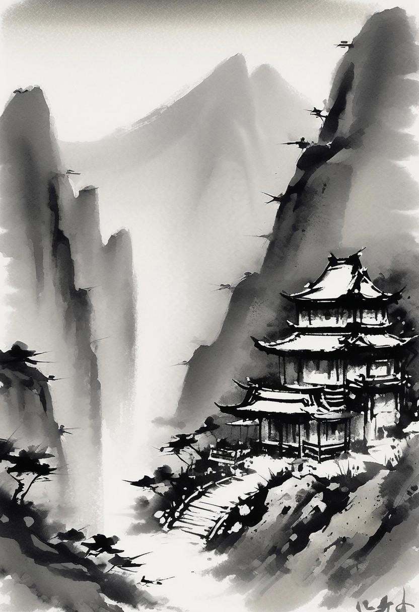 A Chinese pagoda temple in a high mountain in the center of a volcano connected by a hanging bridge. Chinese sumi ink art...