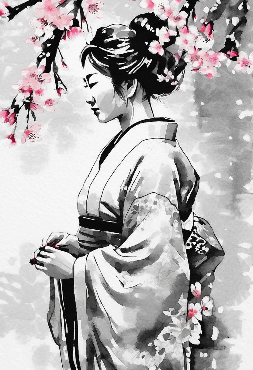 A Japanese woman wearing a traditional kimono smelling a banquet of cherry blossom flowers,  Chinese sumi ink art style,...