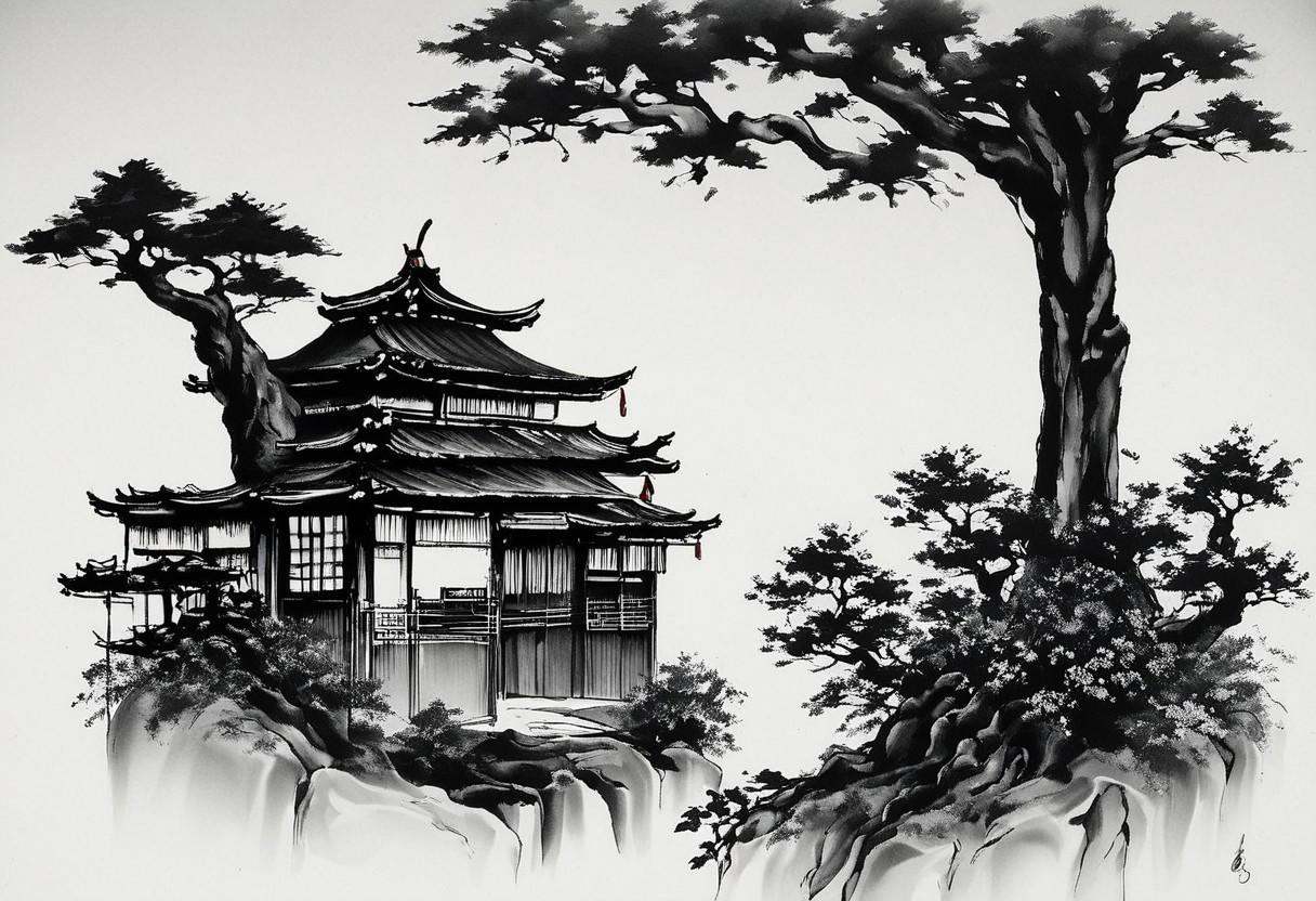 a beautiful Japanese woman wearing a kimono sitting by her house watering a bonsai tree. the image is in a grayscale tones...