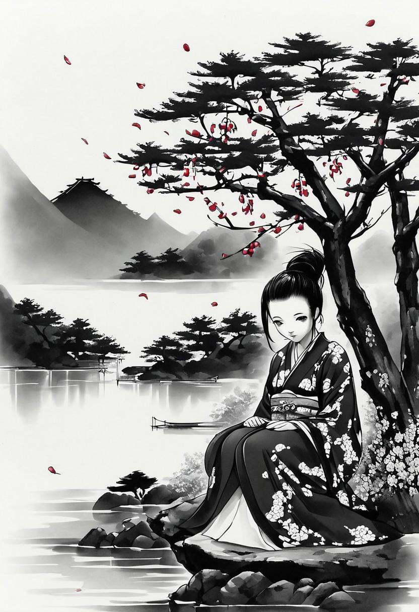 a beautiful Japanese woman wearing a kimono sitting by the lake un the the shade of a cherry blossom tree. the image is in...