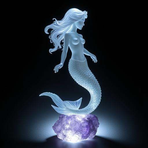 a mermaid made entirely of Fluorite. crystal stone texture with a soft glow that beams underneath the stone. dark backgrou...