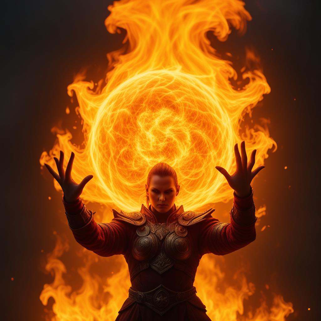 A elementalist warrior that controls fire is creating and holding a huge fireball with both hands raised up on Tensor.Art