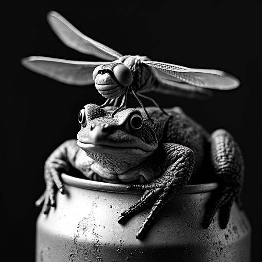 a dragonfly on top of a toad on top of a beer can,  high light,  high contrast on Tensor.Art