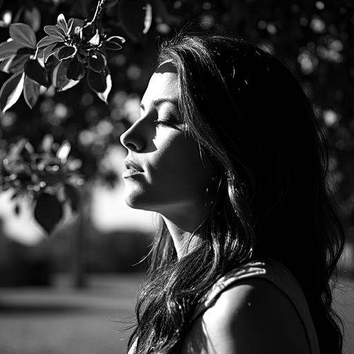 a woman under a tree enjoying the tree shades theres some sun ray beams srossing the leafes directy to her face,  high lig...