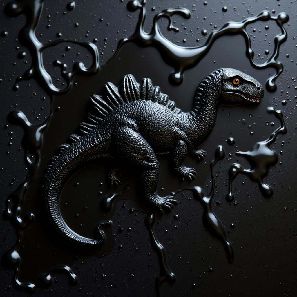 a black dinosaurs bud dripping and melting made entirely of glossy crude oil slick with a goo shiny texture on Tensor.Art