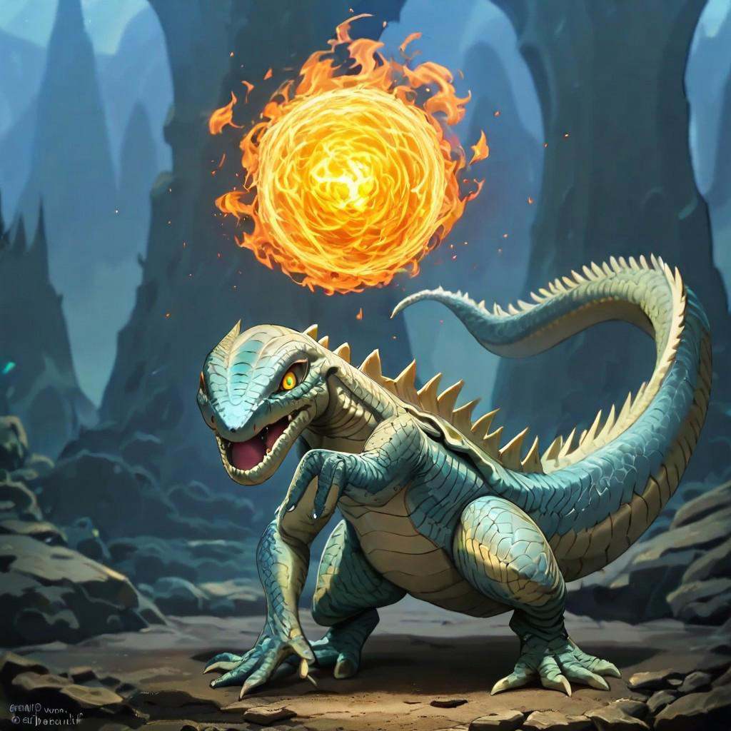A lizard reptilian female wizards with light blue skin from a fantasy world creating a fire ball with her hands on Tensor.Art