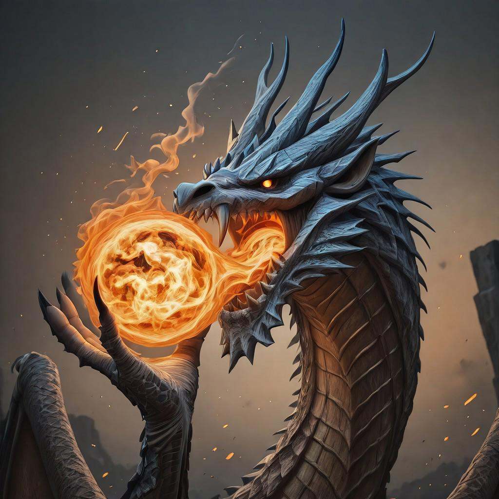 A dragon head made entirely of bone structure surface,  undead dragon holding and creating a fireball inside his mouth. on...