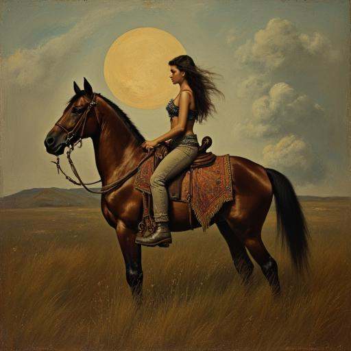 a woman with a barbaric custome she is taming a feathered creatire to ride it. classic touch of an oilpainting surface on...