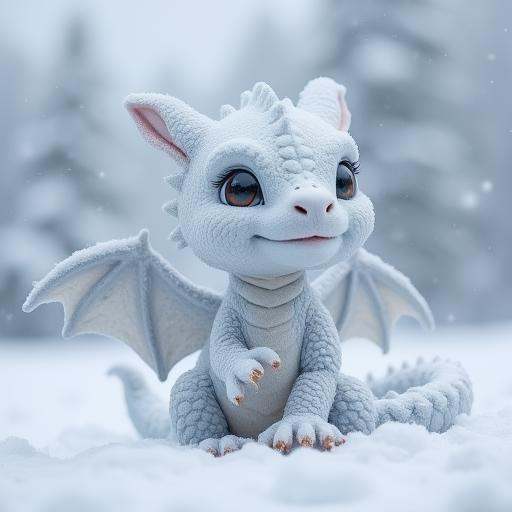 a realistic cute baby dragon made entirely with snow,  the weather is windy and snowy and the cold make fog on Tensor.Art