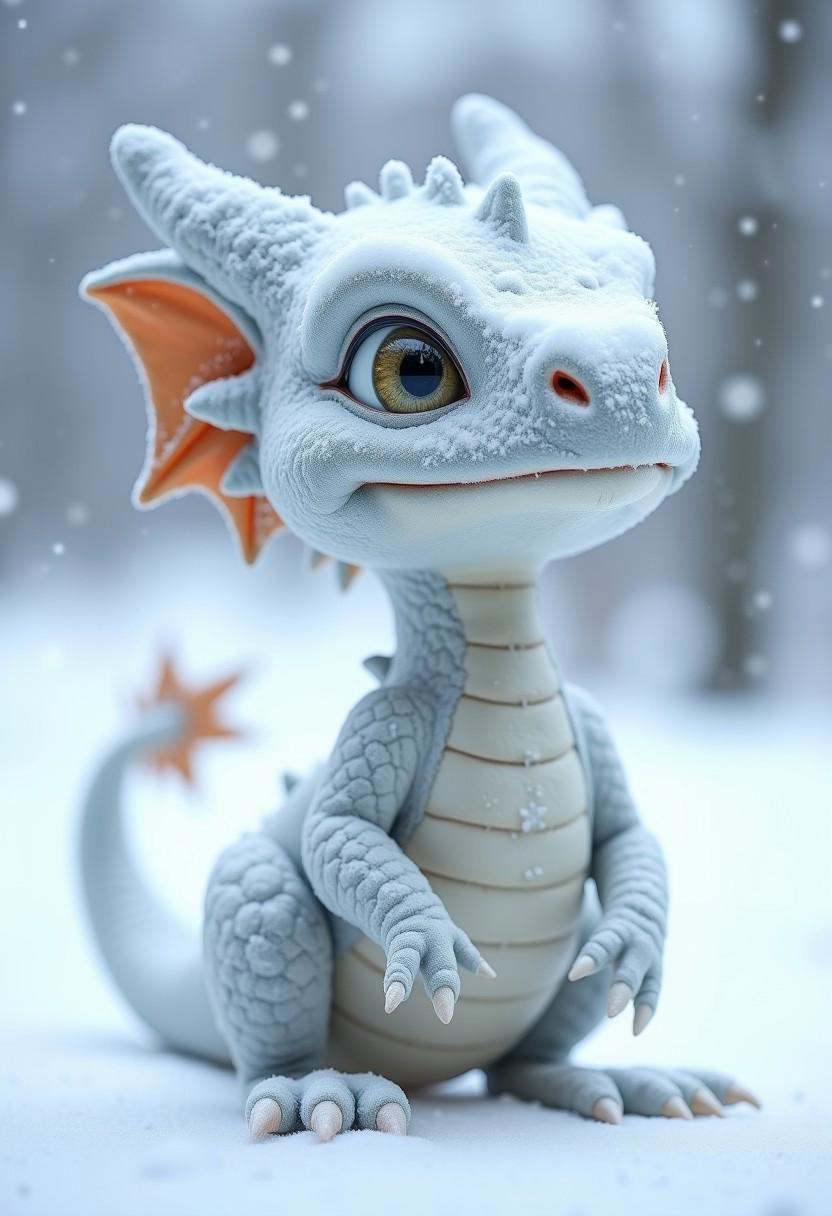 a realistic cute baby dragon made entirely with snow,  the weather is windy and snowy and the cold make fog on Tensor.Art