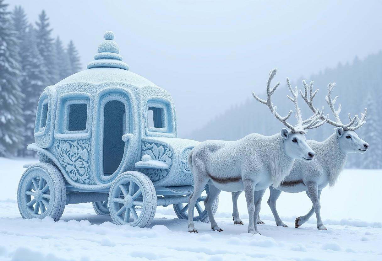 A majestic carriage made entirely of snow,  sparkling and crystalline,  detailed ice carvings on Tensor.Art