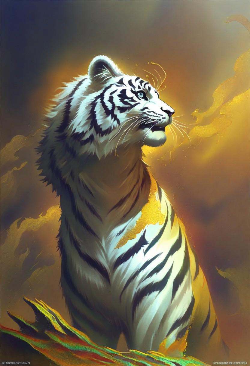 A dynamic fantasy painting in the style of Boris Vallejo,  of a barbarian with a white tiger rendered realistically,  pain...