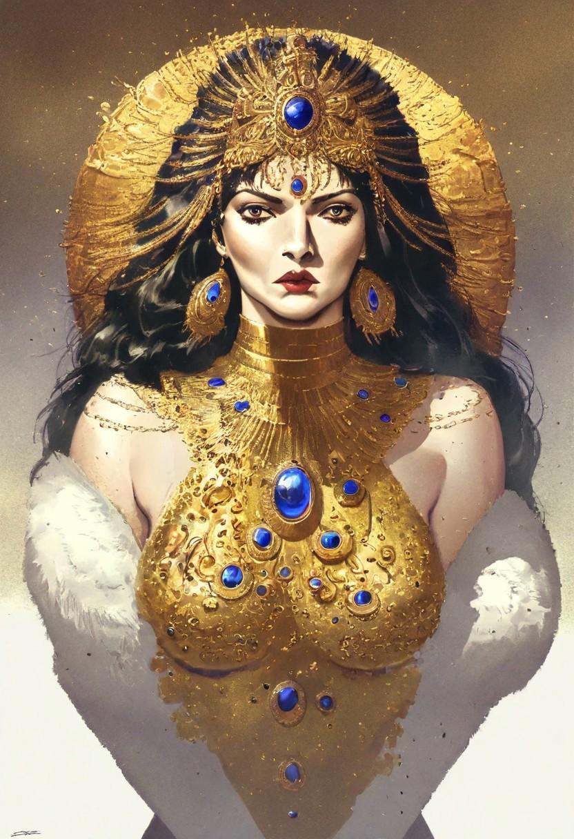 A giant polar bear wearing a huge gold neck less with a blue gemstone,  art made by boris vallejo,  oil paint on Tensor.Art