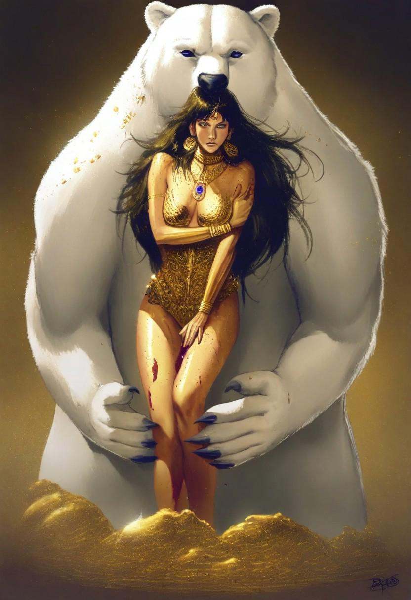 A giant polar bear wearing a huge gold neck less with a blue gemstone,  art made by boris vallejo,  oil paint on Tensor.Art