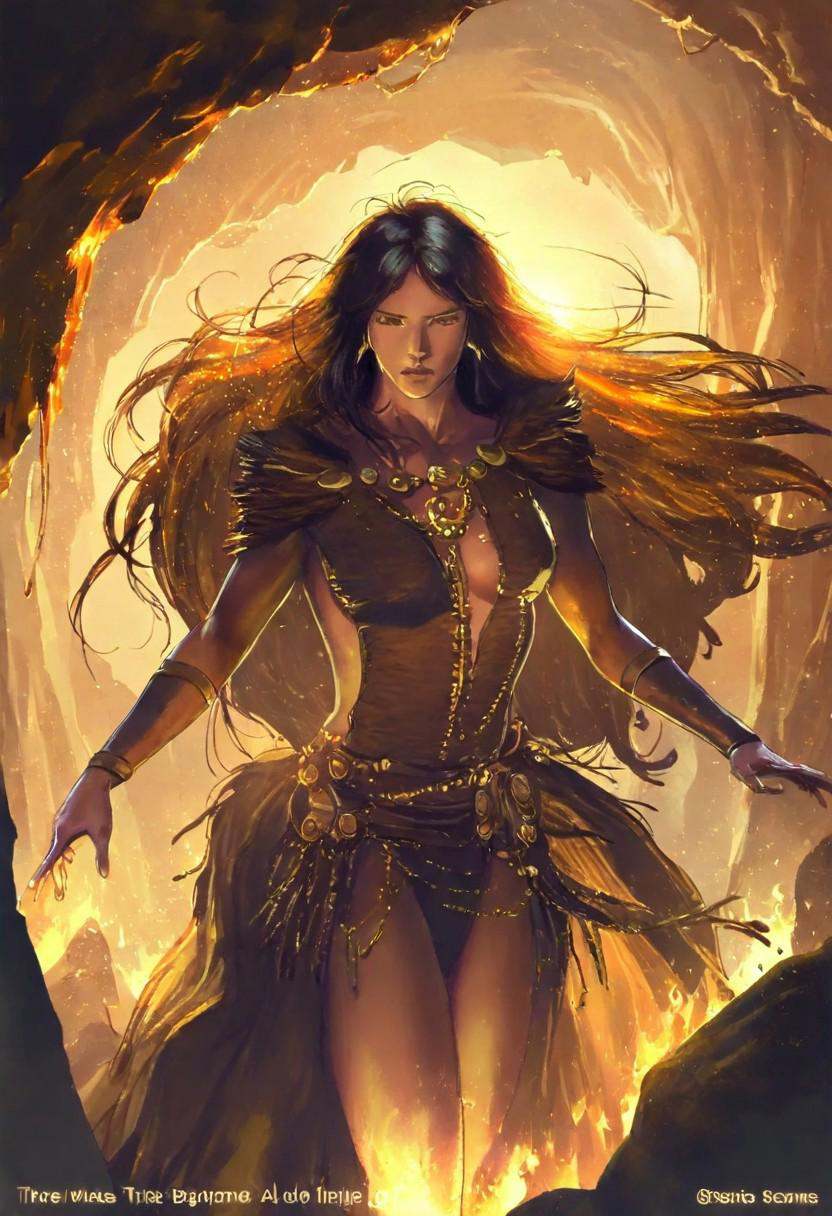 a fantasy art of a man inside a cave with two womans and a white tigues,  theres a bonfire,  fire warm lighting on Tensor.Art