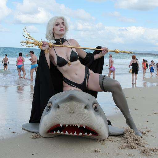 Lady Death,  cosplay custome,  in the beach and a huge dead shark behing her on Tensor.Art