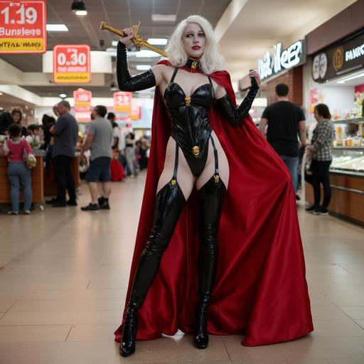 Lady Death,  cosplay custome,  standing in a food court on Tensor.Art