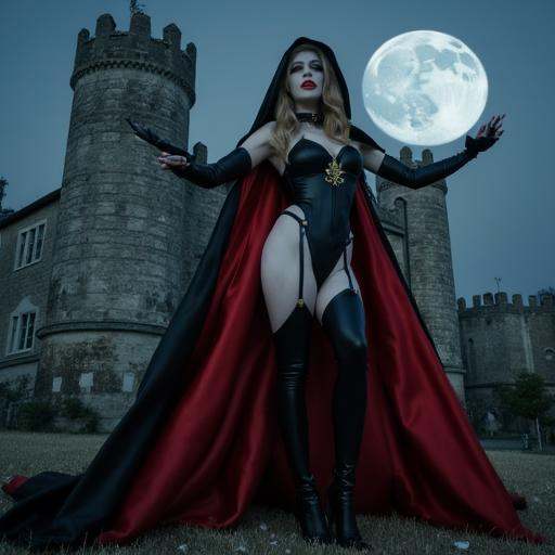 Lady Death,  cosplay custome,  she is in front of a old castle on Tensor.Art