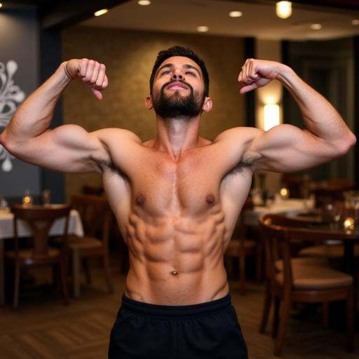a man showing off his six pack abs at a restaurant on Tensor.Art