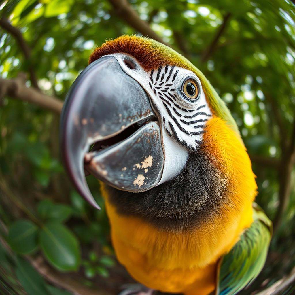 a parrot looking to the lens,  fisheye lens fx,  fele on Tensor.Art