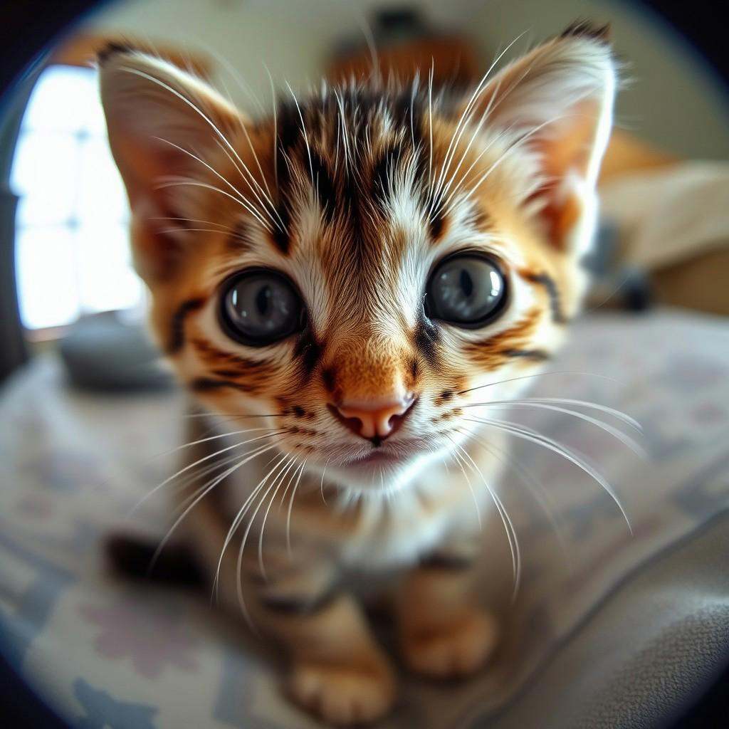 a cute kitten looking at the fisheye lens fx,  fele on Tensor.Art