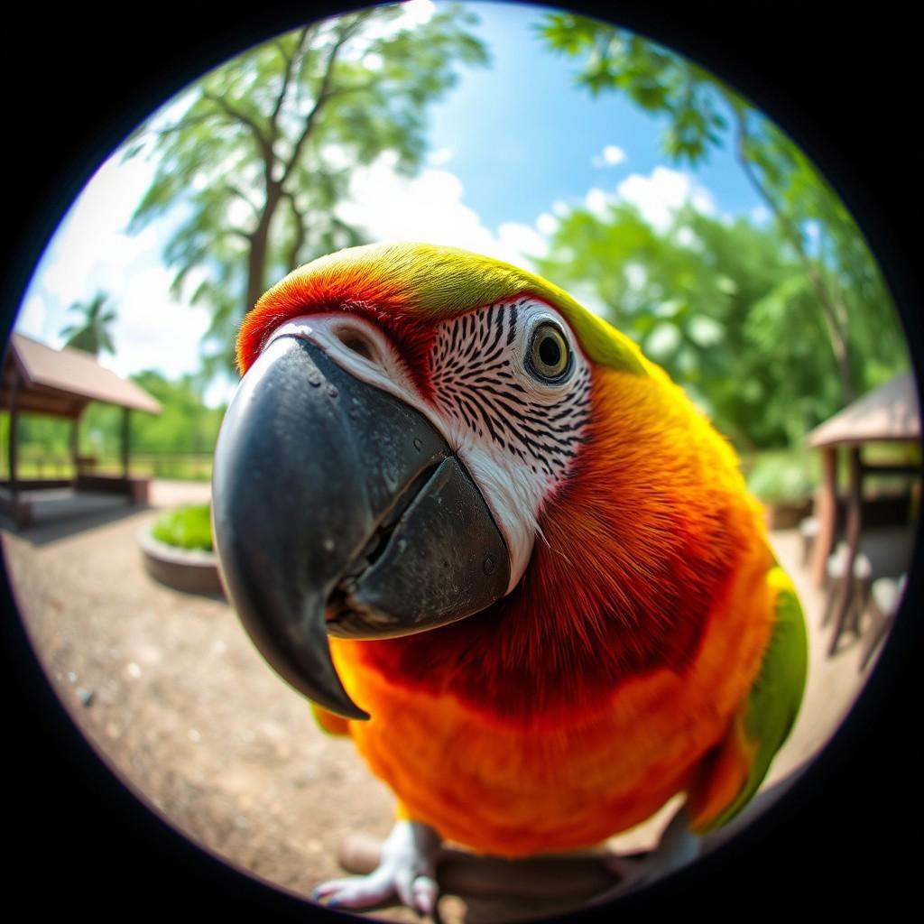 a parrot looking to the lens,  fisheye lens fx,  fele on Tensor.Art