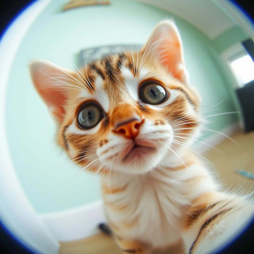 a cute kitten looking at the fisheye lens fx,  fele on Tensor.Art