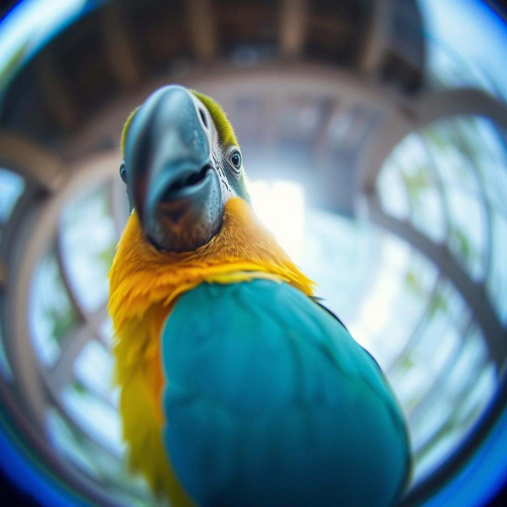 a parrot looking to the lens,  fisheye lens fx,  fele on Tensor.Art