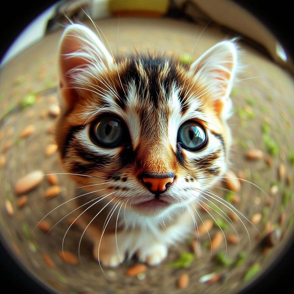 a cute kitten looking at the fisheye lens fx,  fele on Tensor.Art