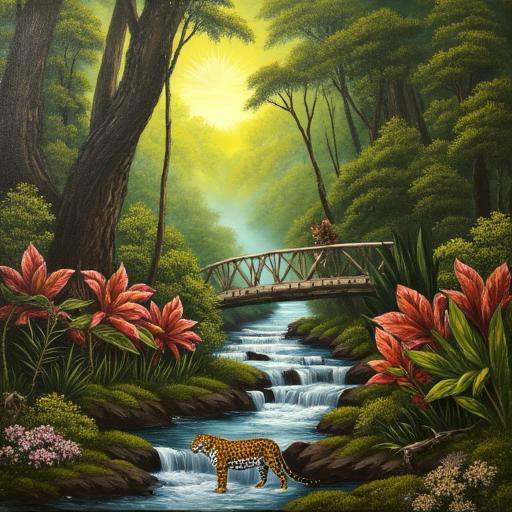 A oil painting of a jungle full of flowers and a jaguar painted by bob ross on Tensor.Art