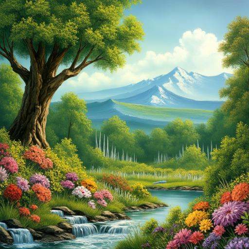 a paradise full of flowers and a big tree theres also green montains in the background on Tensor.Art