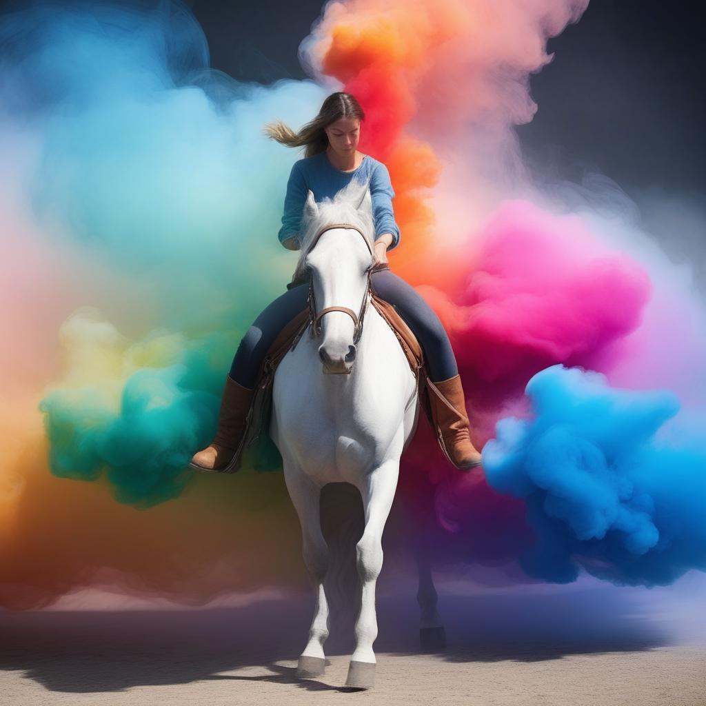 multicolored colorful smoke covering a woman mounting a horse on Tensor.Art