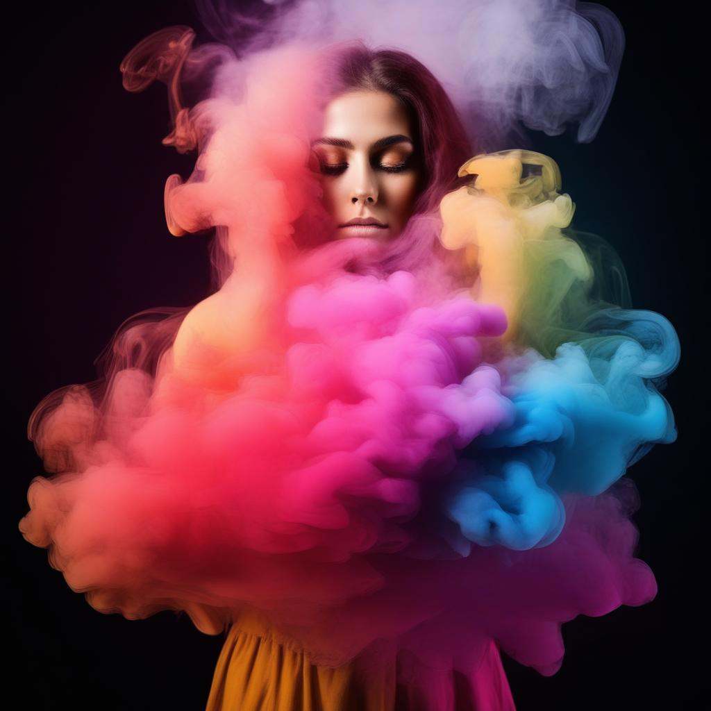 a woman hiding in a multicolored colorful smoke on Tensor.Art