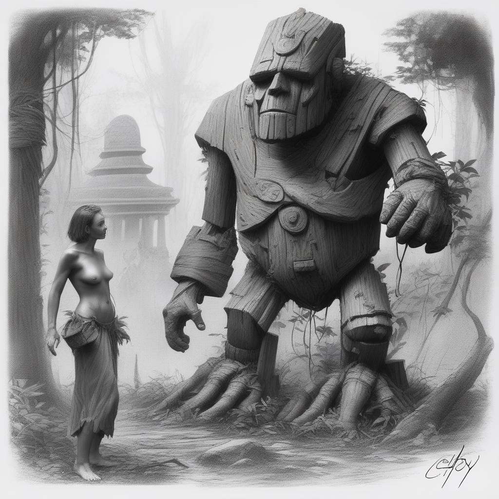 fantasy art of a wood golem and a salvage woman jungle and a temple,  claudio_aboy on Tensor.Art