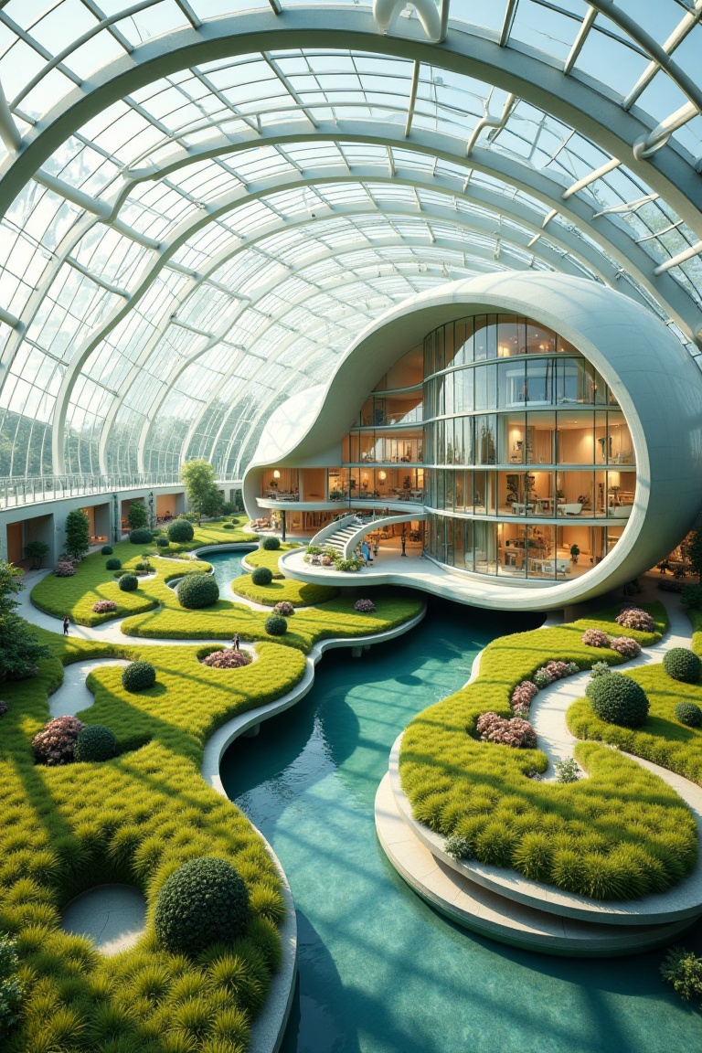 a modern greenhouse with section,  beautiful landscape,  bird's eye view on Tensor.Art