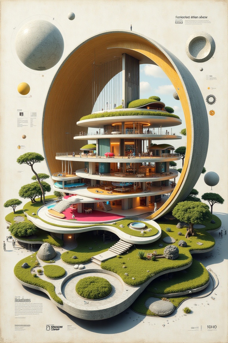 "Create an abstract design collage with landscape inspired by modernist deconstructivist architecture,  modern ship sectio...