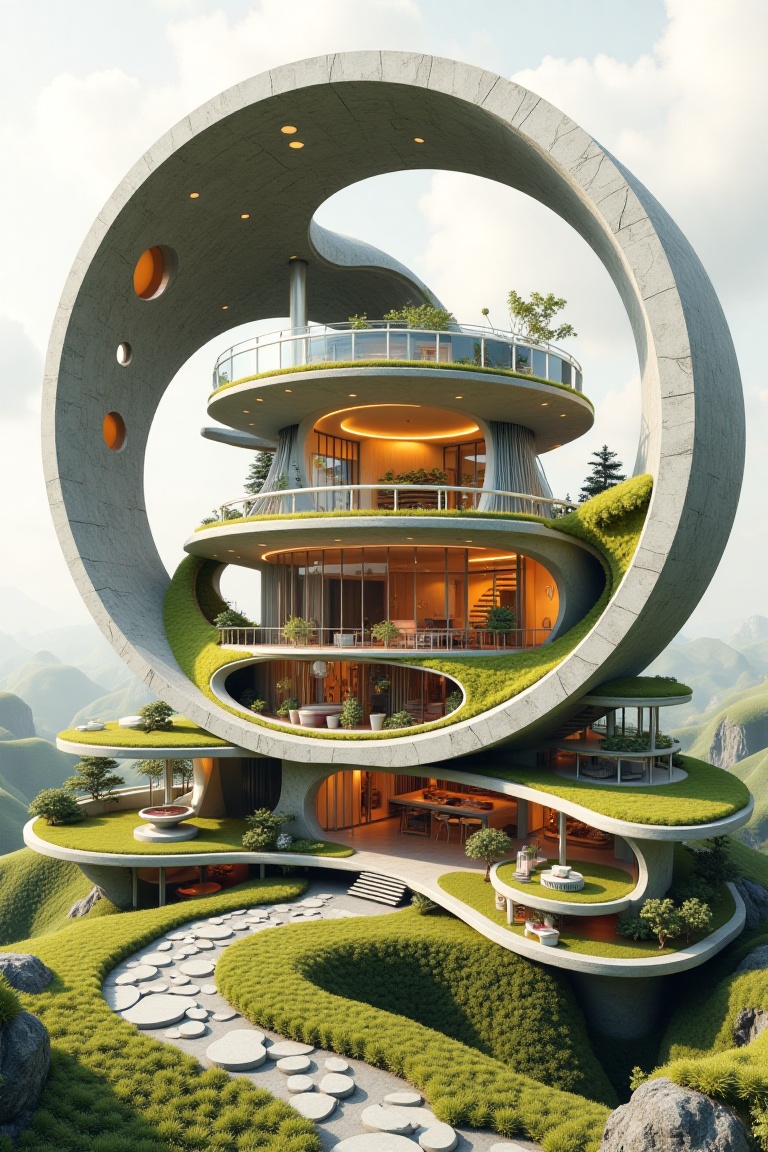 "Create an abstract design collage with landscape inspired by modernist deconstructivist architecture,  modern ship sectio...