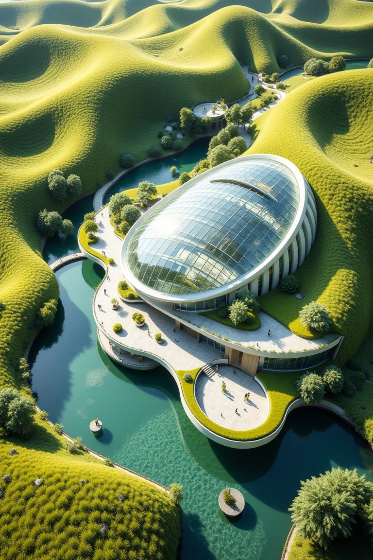 a modern greenhouse,  beautiful landscape,  bird's eye view on Tensor.Art