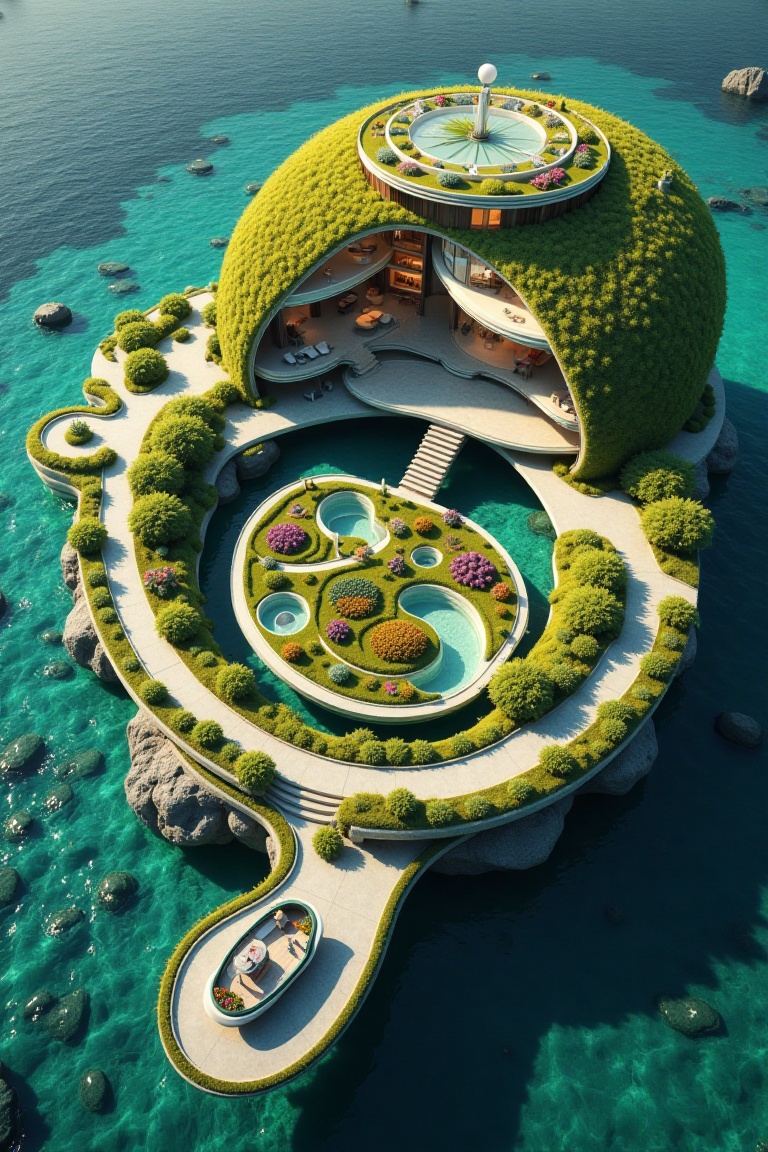 A breathtaking artificial island with modern house viewed from above,  designed in the precise shape of a wristwatch secti...