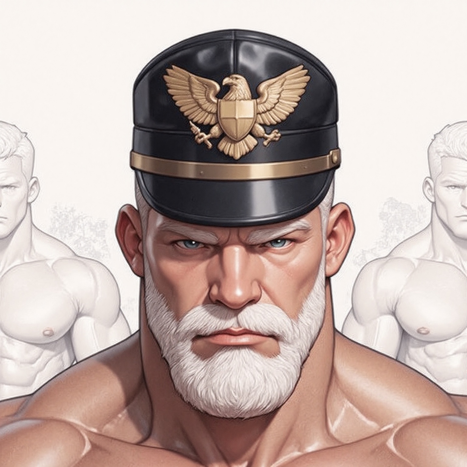 The image depicts a muscular man with a white beard and mustache,  wearing a black leather cap adorned with an eagle emble...