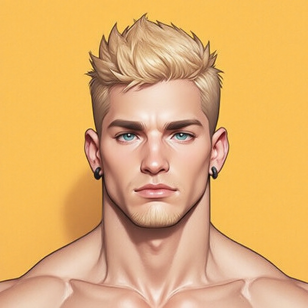The image depicts a stylized digital illustration of a male character with short,  spiky blond hair and blue eyes. He has...
