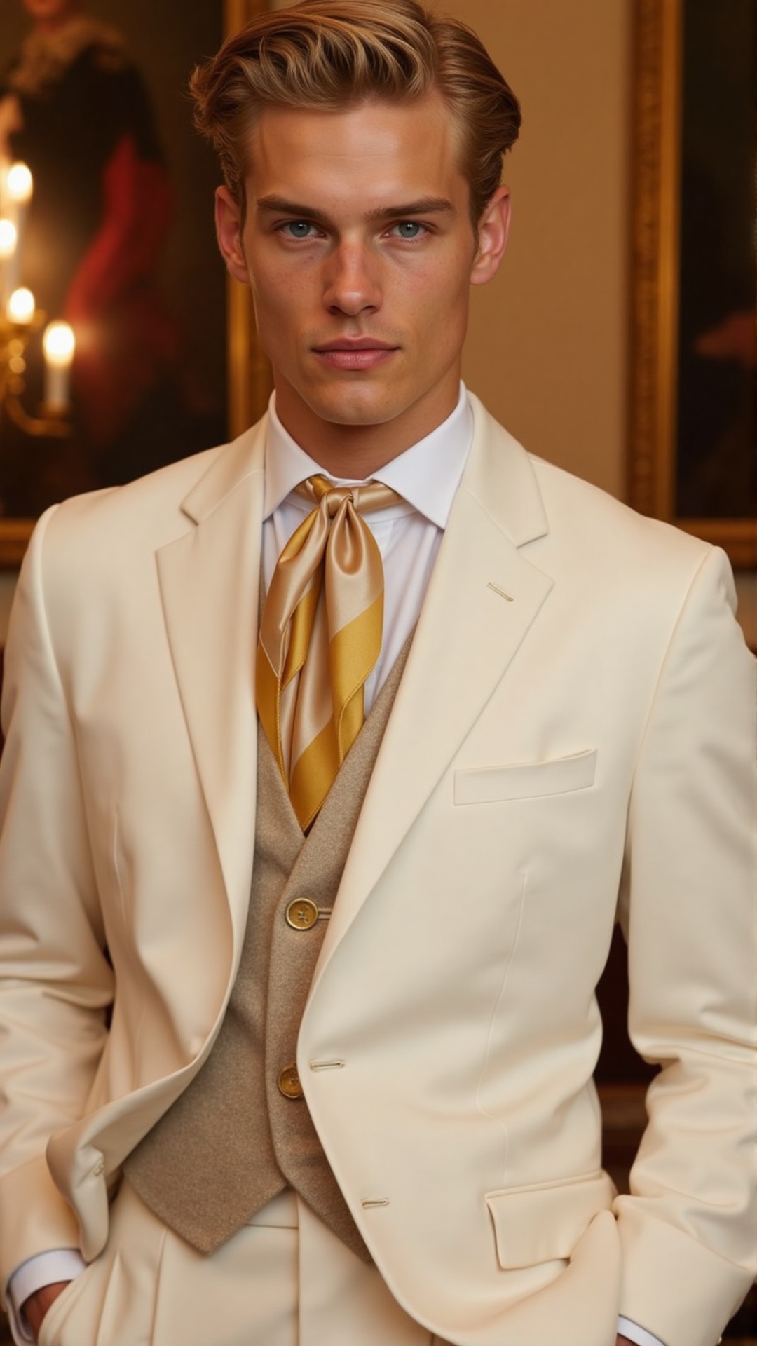 A poised young man exudes timeless elegance in this Ralph Lauren campaign. He wears a crisp ivory suit layered over a whit...