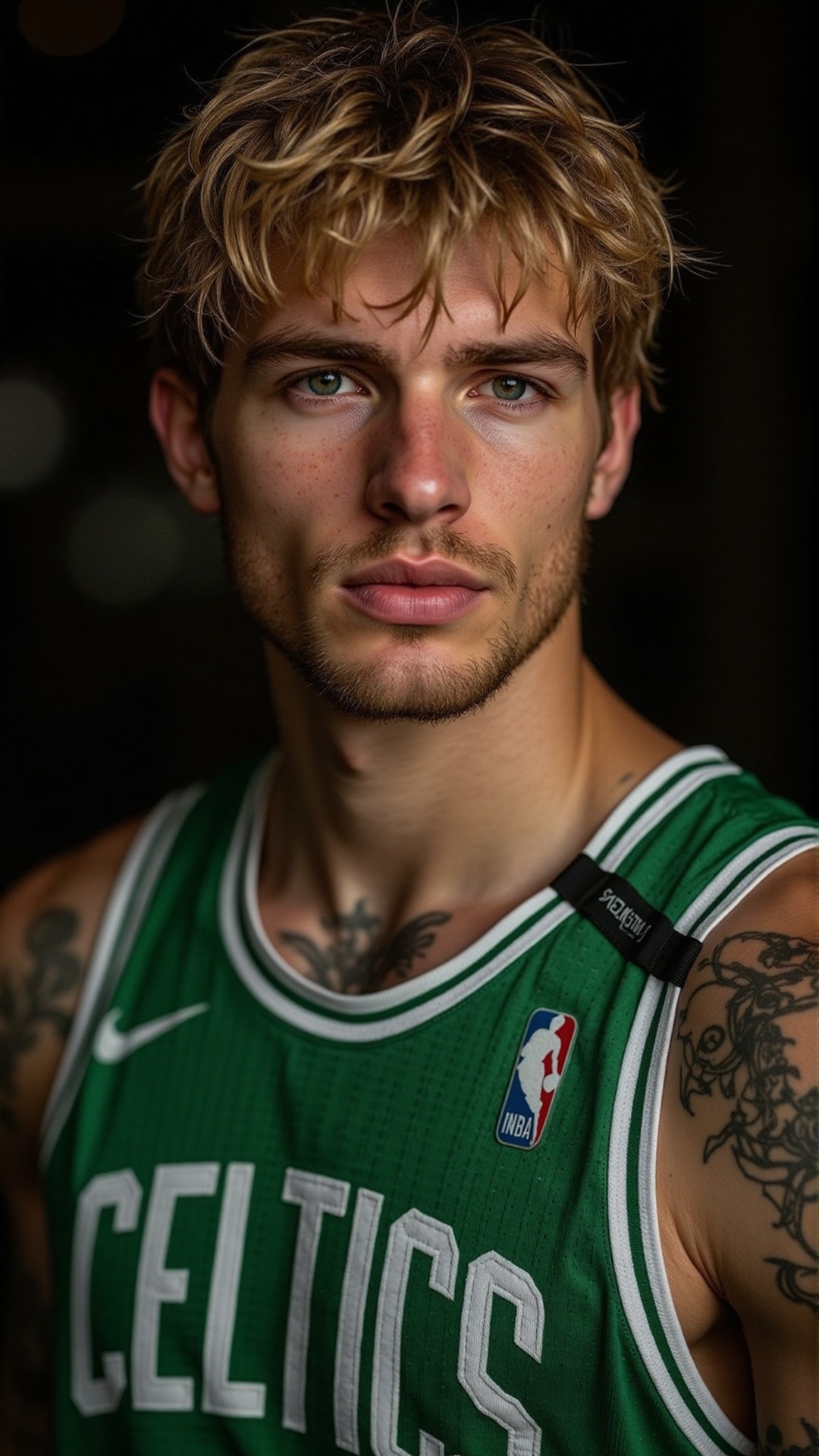 A stunning shot of a 20-year-old Caucasian basketball player,  drenched in sweat,  wearing a green Boston Celtics NBA jers...