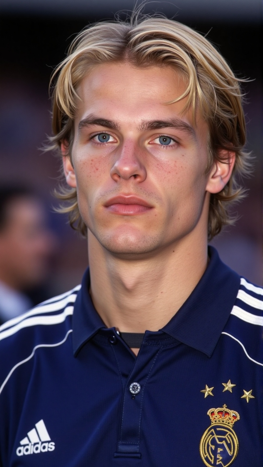a 2000s paparazzi photo of a 18 years old handsome young man,  he is wearing a tight dark blue soccer jersey. He is very a...