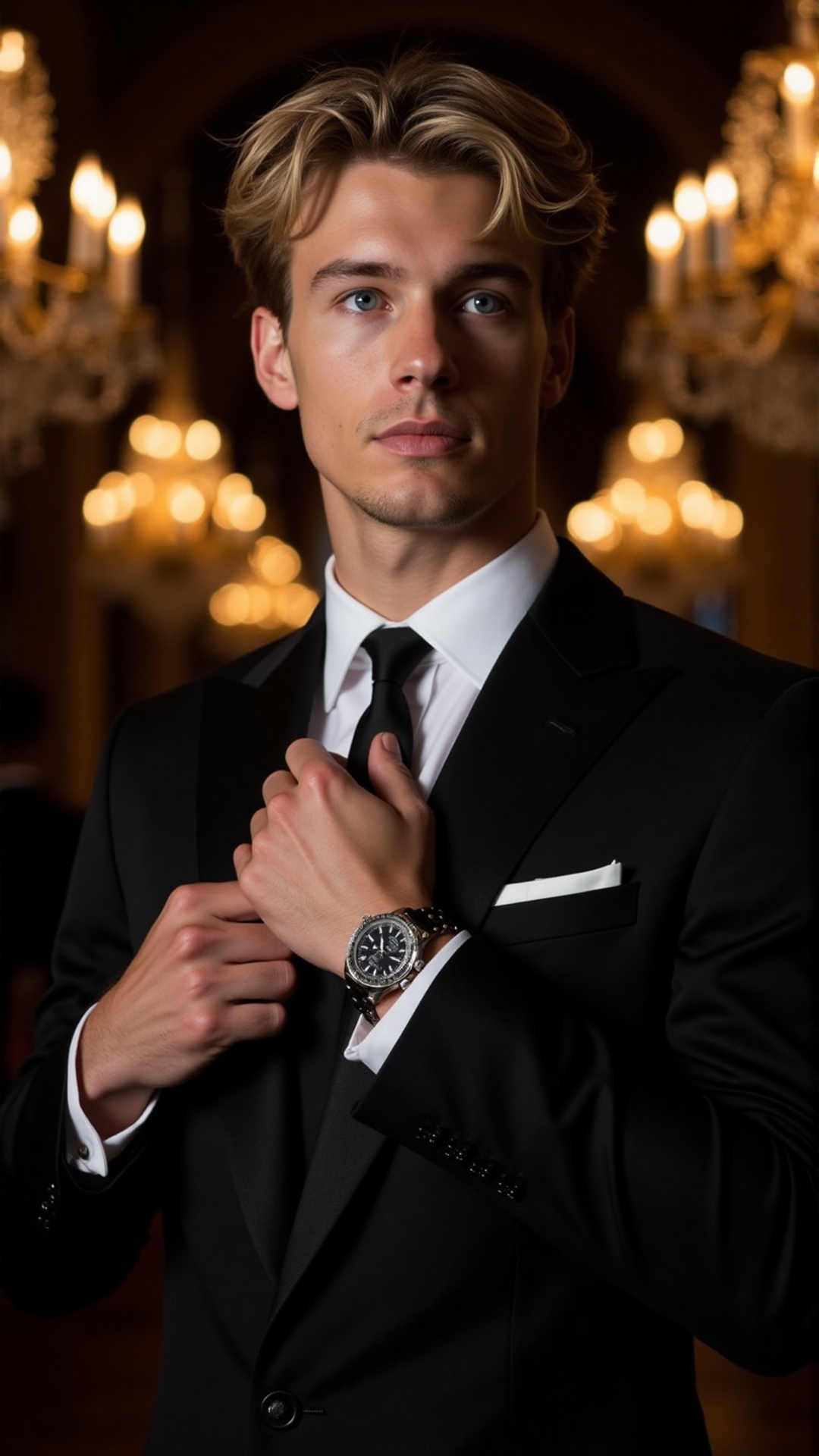 A young man with chiseled facial features,  striking blue eyes,  and tousled dark blonde hair on Tensor.Art