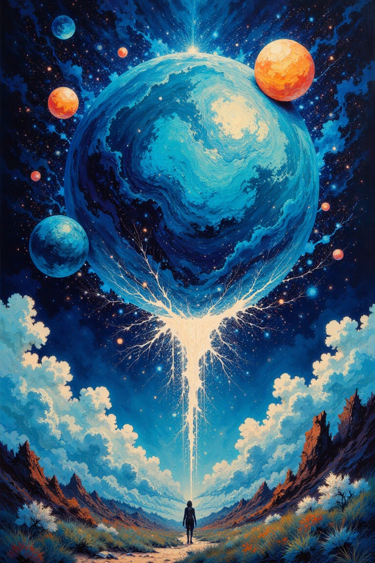 A high-resolution,  ultra-realistic alcohol ink artwork of a celestial scene. There is a large,  luminous blue sphere with...