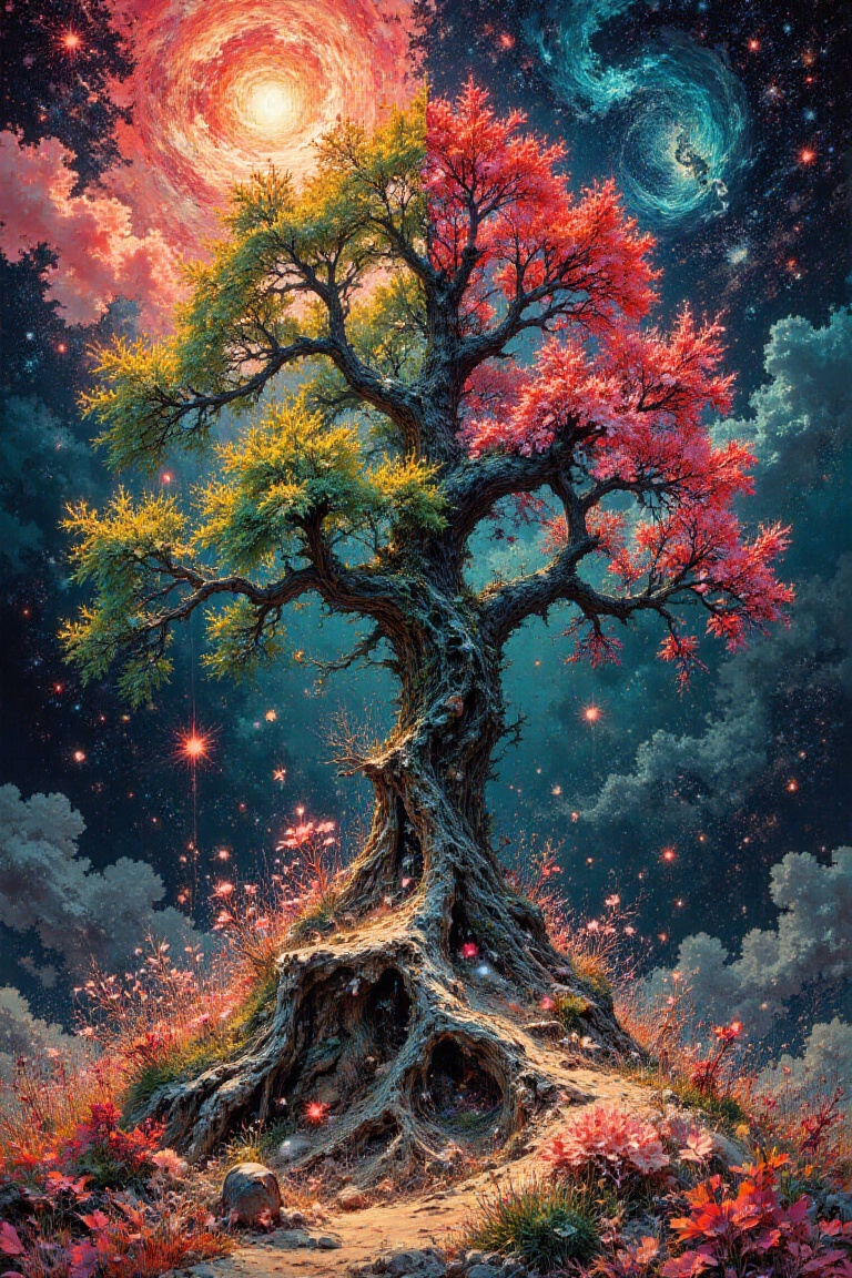 (Capture the solitary tree with its filaments in vivid multicolor hues. Esoteric landscape of Hokusai and Anne Bachelier,...
