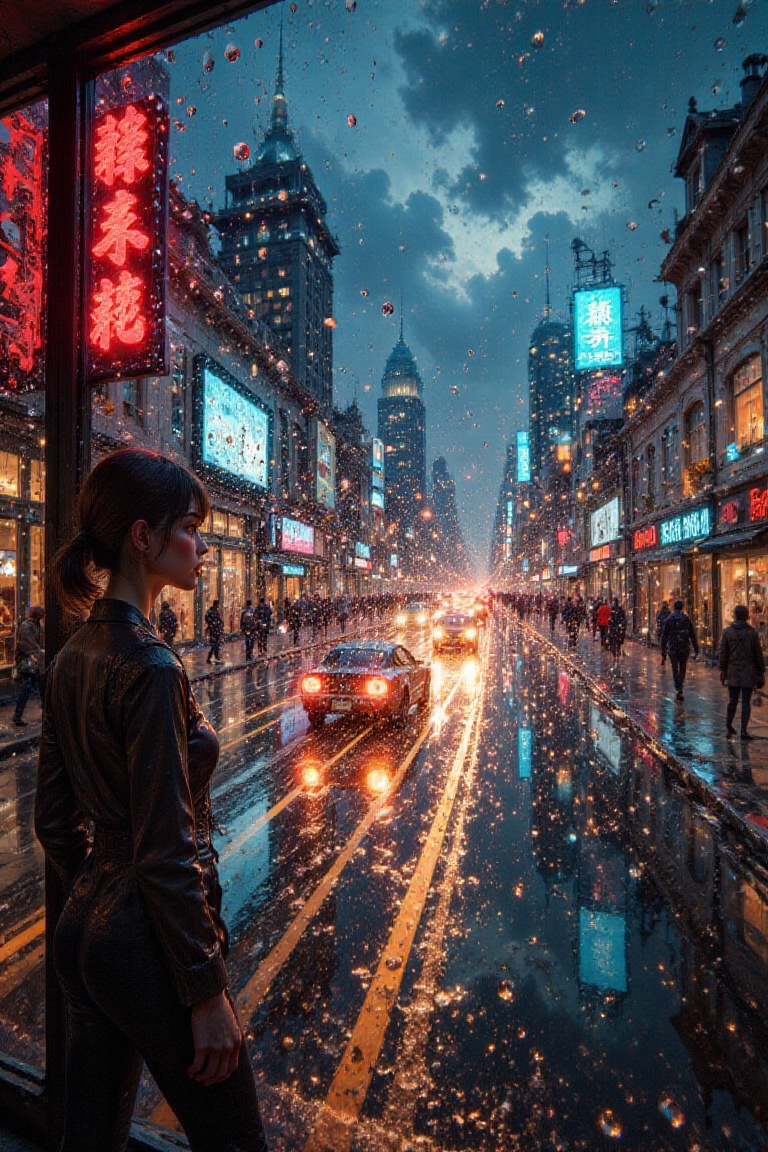A large glass window,  covered in raindrops,  is illuminated by the warm glow of city lights in the distance. The droplets...