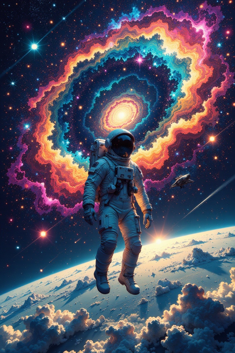 A lone astronaut floats in the depths of space,  surrounded by a swirling vortex of colorful galaxies and nebulae that for...